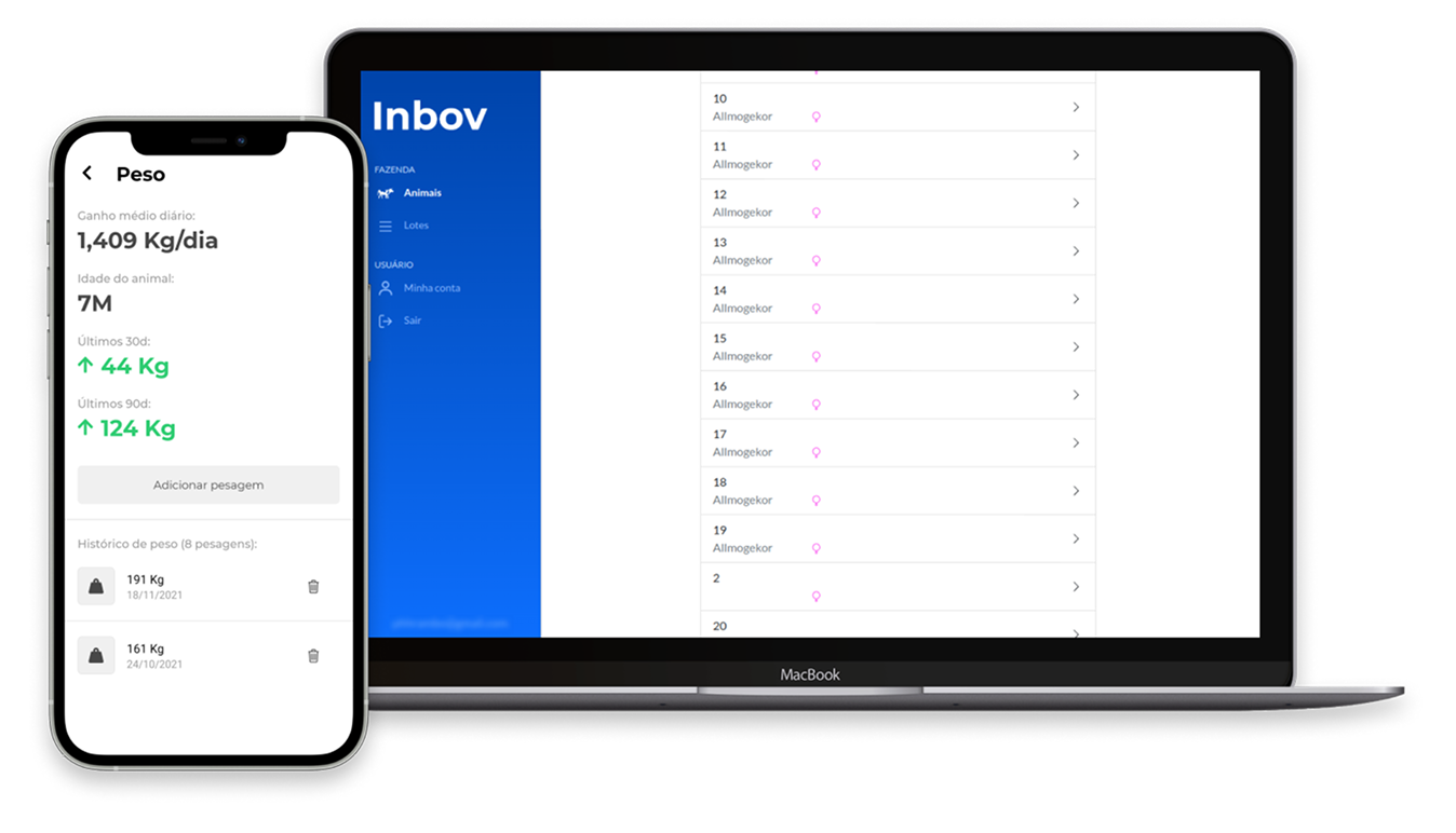 Computador e celular com telas do software Inbov